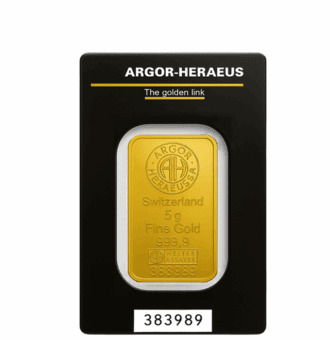 Lingote de oro 5 g Argor Heraeus certificado de inversión 999,9 disponible en Málaga y con envío asegurado a toda España