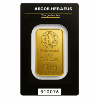 Lingote de oro 20 g Argor Heraeus certificado de inversión 999,9 disponible en Málaga y con envío a toda España