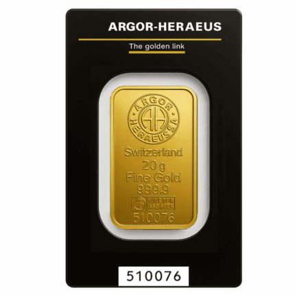 Lingote de oro 20 g Argor Heraeus certificado de inversión 999,9 disponible en Málaga y con envío a toda España