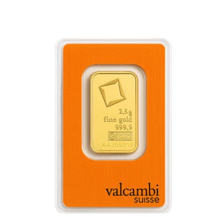 Lingote de oro Valcambi 2,5 g certificado de inversión 999,9 disponible en Málaga y con envío asegurado a toda España