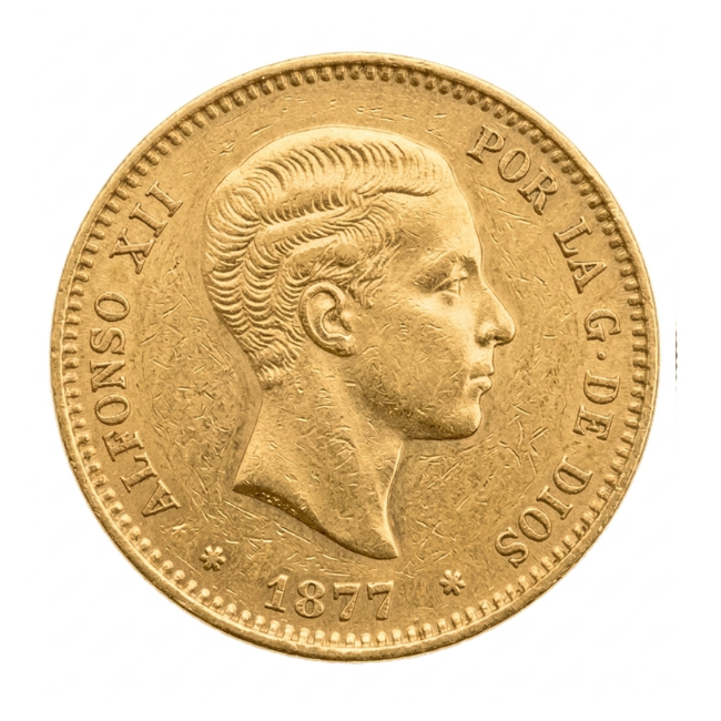 Moneda de Oro 25 Pesetas 1877 Alfonso XII - Circulada torres oro Moneda de Oro 25 Pesetas 1877 Alfonso XII - Circulada - Imagen 1